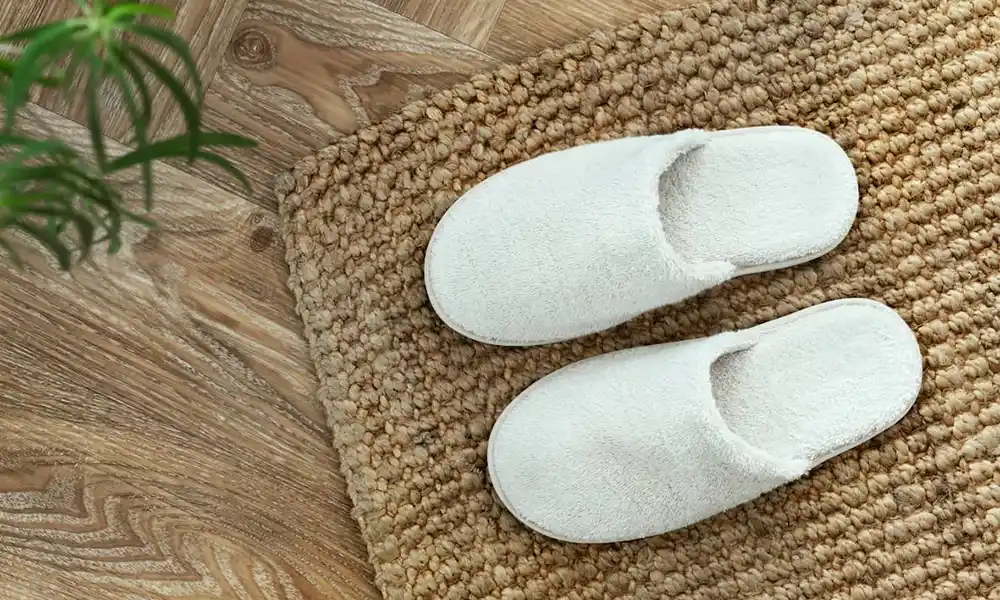 Bath slippers on a rug.