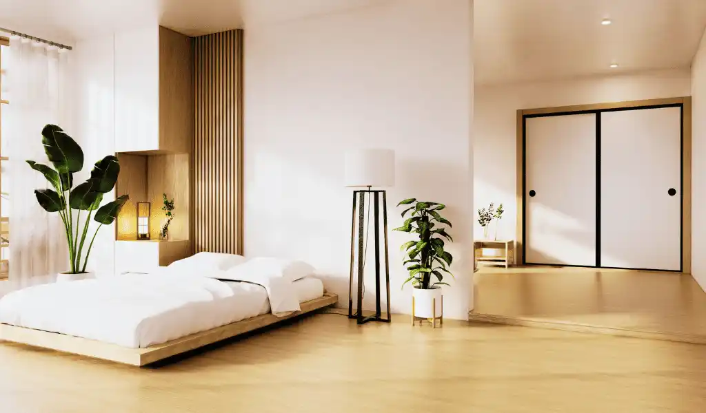 Stylish bedroom with hybrid flooring.