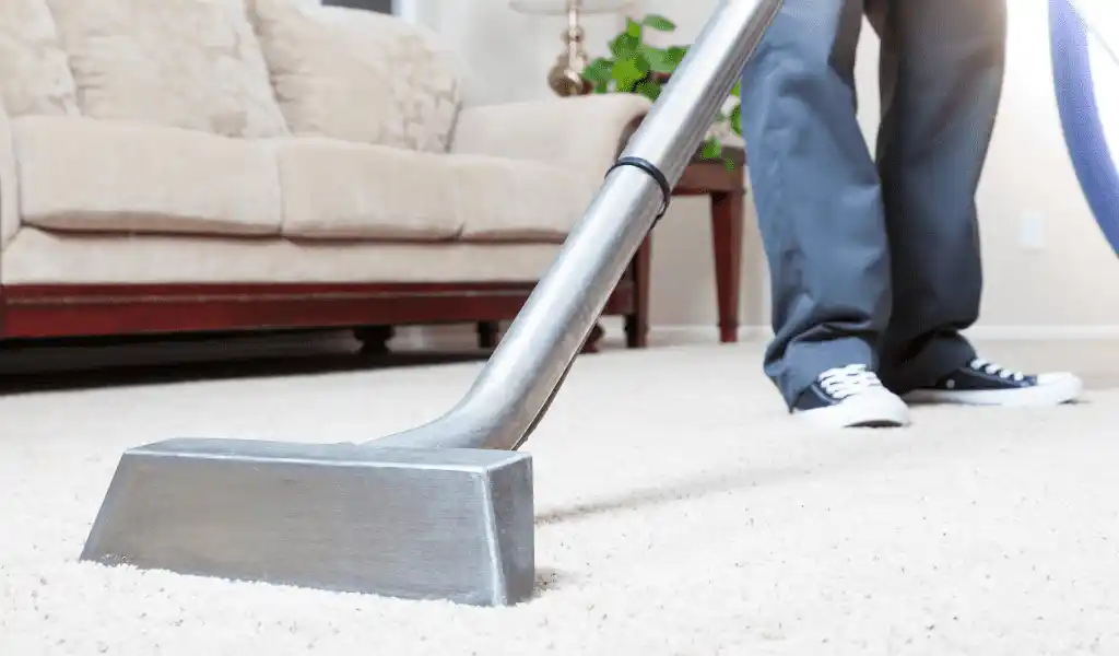 Vacuuming carpet.